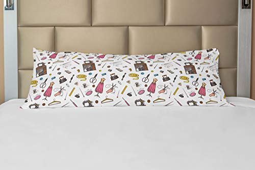 Lunarable Retro Body Pillow Case Cover with Zipper, Sewing Objects Needlework Tailor Shop