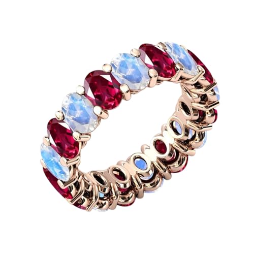 Unique Rainbow Moonstone & Red Ruby Eternity Wedding Band Art Deco Cluster Engagement Ring 925 Sterling Silver Bridal Eternity Band Vintage Stacking Ring Oval Shaped Gemstone