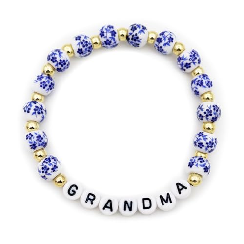 TTYY Blue White Beads Porcelain Bracelet GIGI NANA Birthday Gifts Vintage Stretch Bracelets Mother's Day for Mom and Grandma