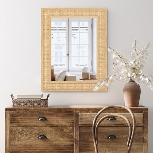 Rattan Wall Mirror with Wooden Framed 22 X 28 inch Farmhouse Rectangle Wood Mirror for Wall Decor Bathroom Living Room Entryway Bedroom