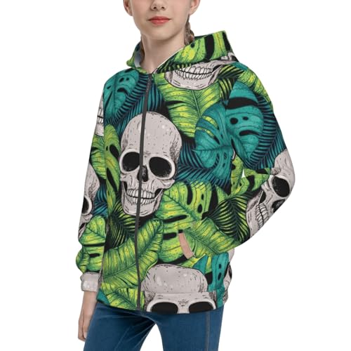 Skull and Palm Leaves Kid Hoodies Boys Zip Up Sweatshirts Girls Pullover with Pocket