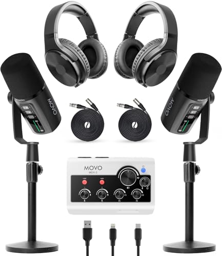 Movo Podcast Equipment Bundle for iPhone & Android – Professional Podcast Studio Kit with Audio Interface, 2 Dynamic Mics, 2 Headphones, and Table Stands – Compatible with Smartphones, PC, and Mac