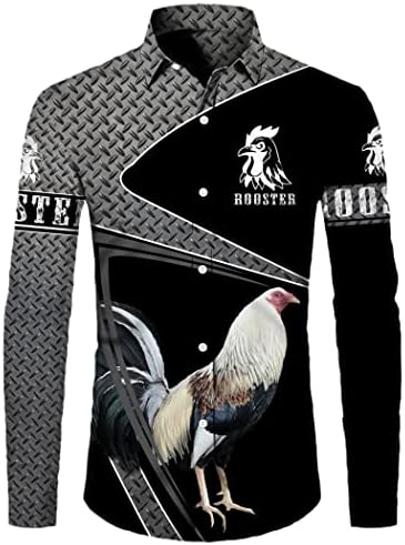 WEGUKRI Men's 3D Pheasant Rooster Long Sleeve Shirts, Summer Hawaiian Casual Button Down Beach Shirt
