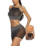 Kimfeng Sexy Lingerie Women's Lingerie Set Exotic Cute Black Lingerie Cosplay Strappy Lace Lingerie Underwire Mini Dress Sparkle Rhinestone