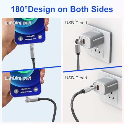 Image of 90 Degree USB C to Lightning Cable with 180Rotating Head - 6.6FT PD Fast Charger Type C to Lightning Right Angle Swivel Cable, MFi Certified Apple Carplay Cable for iPhone 14 13 12 11 X Xs Pro, iPad