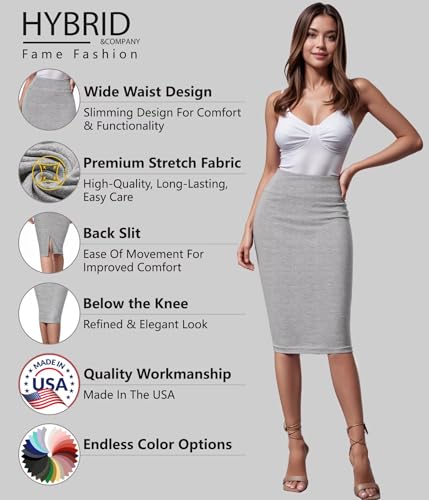 Image of Hybrid & Company Women's Premium Nylon Ponte Stretch High Waist Pencil Suit Skirt Below Knee