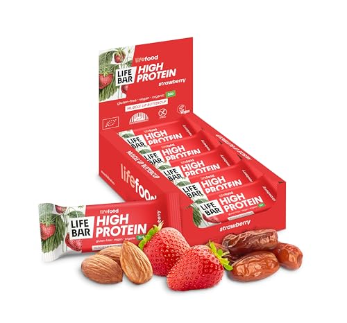 Lifefood Protein Riegel, Proteinriegel Ohne Zucker, Eiweißriegel Snack, BIO Vegan, Glutenfrei, Laktosefrei, Ohne Zuckerzusatz, Biologisch angebaut - 15er Pack (15 x 40 g) (Erdbeere)