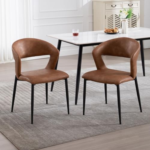 chairus Juego 2 de Sillas Cocina Diseño Sillas de Comedor Hueco con Respaldo, Sillas Salón Modernas con Patas Negras Sillas Tapizadas de Cuero PU para Restaurante/Cafetería, Marrón