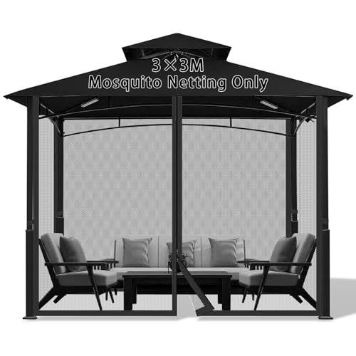 Jianyana Moskitonetz Outdoor, 4-Teilige Sonnenschirm Mesh Balkon mit Reißverschluss für Pavillon Terrasse Lodge oder Balkon (nur Moskitonetz) (schwarz, 300 cm x 300 cm)