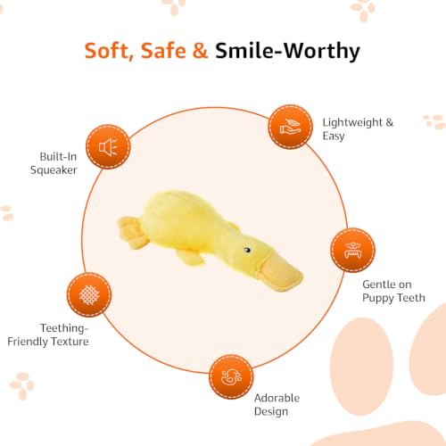 Image of Amazon Basics Fiber Stuffed Yellow Duck Crinkle Dog Toy | Soft Squeaker | Durable Cotton Fabric | for Teething & Training | Small, Medium & Large Dogs | Indoor Play