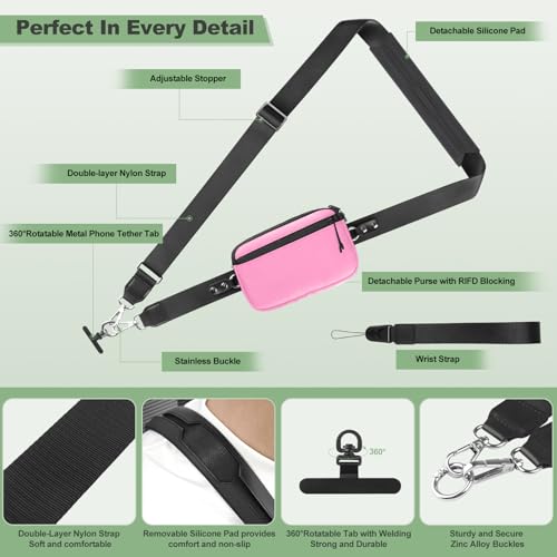 Image of YFWE Clip and Go Strap for Phone with Wallet Crossbody, Adjustable Phone Lanyard with Detachable RFID Wristlet Wallet & Ultra-Thin 360 Rotatable Metal Tabs for All Smartphones (Pink)