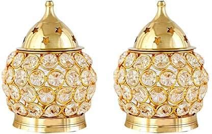 E-SELLER Diamond Crystal Brass Akhand Diya | Decorative Crystal Oil Lamp & Tea Light Holder Lantern | Set of 2 (4.5 Inch)