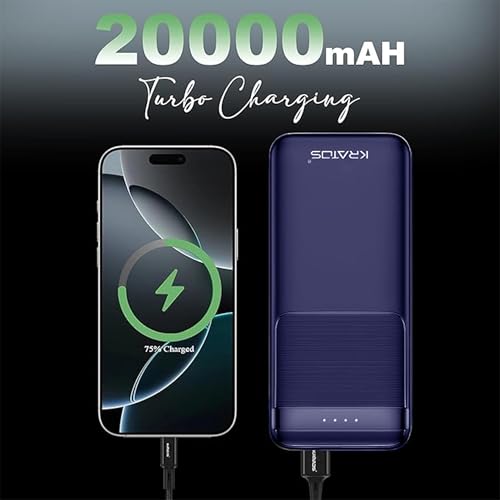 Image of Kratos Legend Champ Power Bank 20000mAh, 22.5W Fast Charging with Power Delivery & Quick Charge, Triple Output, USB Type-C Input & Output, BIS Certified, Made in India (Blue)