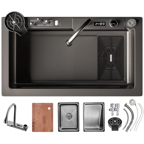 KOOGIMDDR Évier de cuisine avec cascade, 75 × 45 cm, robinet cascade LED, planche à découper coulissante et rince-tasse haute pression, compact et multifonctionnel,...
