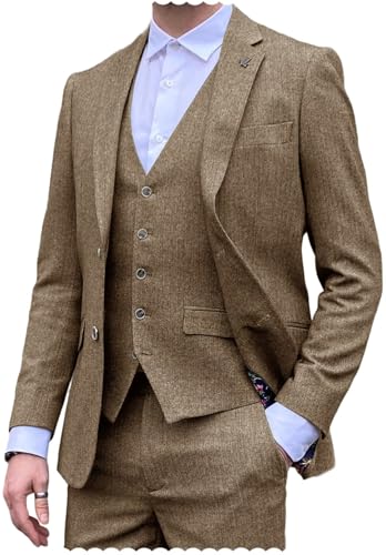 Men's Herringbone Suit 3 Piece Slim Fit Retro Tweed Blazer Jacket Vest Pants Set for Groom Wedding Prom2