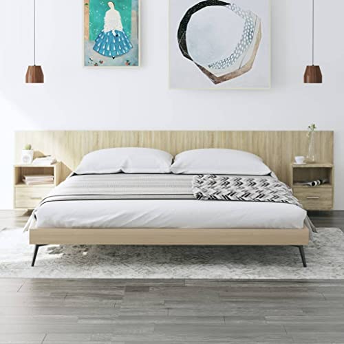 Bucmath Cabecero con mesitas de noche roble Sonoma, madera, montaje en pared, 200 x 80 cm, cabecero de cama resistente para dormitorio, incluye 2 mesitas de noche, espacio de almacenamiento