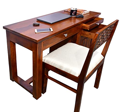 Image of Sheesham Wood Study Table for Bedroom 2 Drawer,1 Storage Cabinet with Keyboard Trey with Flora Chair with Matte Finished (Honey Oak Color)