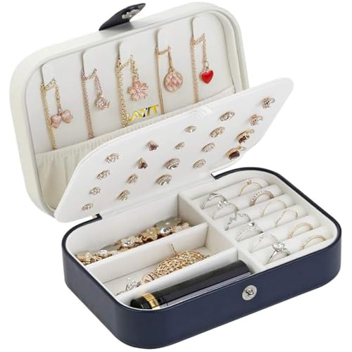 LATIT Jewellery Box Organiser Three Layers PU Leather Jewelry Storage Case for Rings Earrings Necklace Bracelets Faux Leather Jewelry Gift Box Girls Women (Navy)
