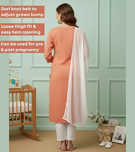 Image of DUMMY SHAPE Feeding Kurta Set for Women Cotton Blend | Floral Embroidered Pregnancy Kurta Pant Dupatta with Nursing Zippers | Pre & Post Partum | Maternity Dresses | Mom to Be Gifts