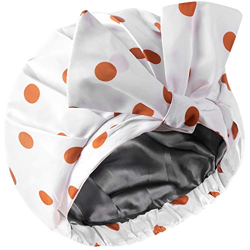 Shower Cap for Women, INNELO Double Layer Waterproof Shower Cap Reusable Hair Cap for Shower, Extra Large Shower Cap, with Adjustable Shape Forehead Knot Strap, for All Women Hair Lengths?Golden Dot?