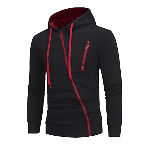 Men's Casual Outdoor Hoodie Zip Hoodies Long Sleeve Diagonal Zipper Tops Cardigan Fleece Hooded Sweatshirt Black XL