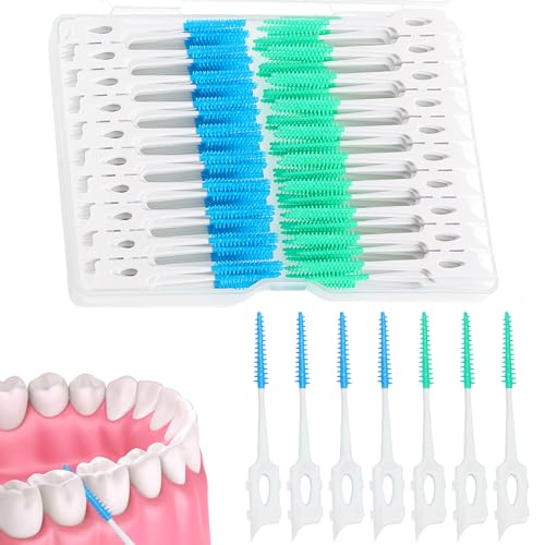 jjshund 250 Stück Interdentalbürsten Weiche Silikon Zahnzwischenraumbürsten Tragbare Dentalbürsten mit Box Dual-Use Zahnseide Stick Zahnstocher für Zahnreinigung Zwischenräume (Blau Grün)