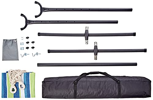 Image of Amazon Basics Double Hammock with 9-Foot Space Saving Steel Stand and Carrying Case, 2 Person, 450 lb Capacity, Cotton Polyester, Oasis Stripe, 110 inch x 47 inch x 43 inch