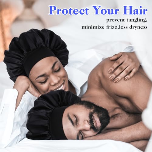 Dimeho Bonnet en soie pour homme - Bonnet de sommeil en satin réglable - Couche unique - Bonnet de sommeil réversible - Bonnet de sommeil bouclés pour femme, Noir , Taille unique – vue 7