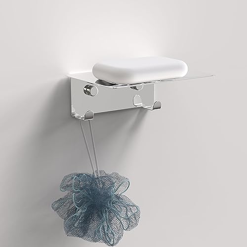 Luxspire Jabonera de Pared para Baño, Bandeja de Jabón Ducha de Acero inoxidable 304 con Drenaje & 2 Ganchos para Caja de Jabón Baño Cocina Lavabo, Jabonera Autoadhesivo sin Taladro/con Taladro, Plata