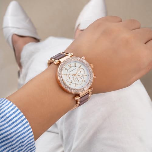 Image of Joker & Witch Suzanne Rosegold and Taupe Ceramic Metallic Strap Watch for Women