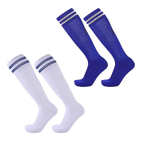 TSHAOUN 2 Pares Calcetines Fútbol para Niños, Calcetines de Deporte Entrenamiento Largos Medias Fútbol Transpirables para Fútbol, Rugby, Baloncesto, Correr, Adolescentes, 5-12 Años (White,Blue)