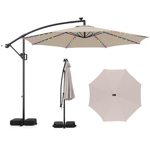 COSTWAY Parasol Déporté Professionnel 3x3 m, Grand Parasol de Jardin Extérieur 96 LED Solaire 9 Modes, avec Manivelle, 2 Sacs de Sable, Inclinable, pour Balcon, Terrasse, Piscine (Beige)