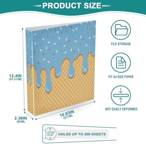 Image of 3 Ring Binder Blue Ice Cream 1.5 inch Binders Three Ring Binders with Clipboard Fit 8.5'' x 11'' Paper 3 Interior PVC Clear Pockets for Office Supplies