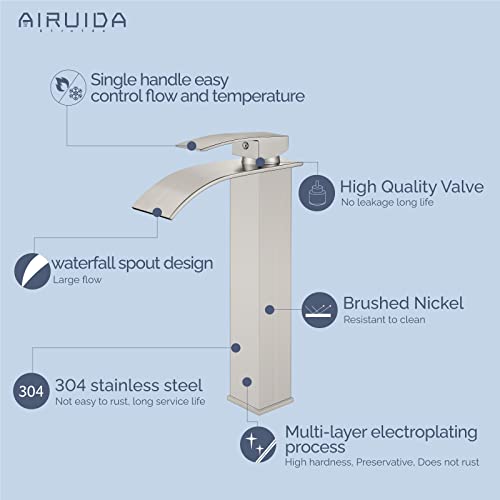Airuida Vessel Sink Faucet Brushed Nickel, Tall Waterfall Bathroom Single Handle Single Hole, Deck Mount Mixer Tap With Large Rectangular Vessel Faucet Lavatory Vanity #TOP4