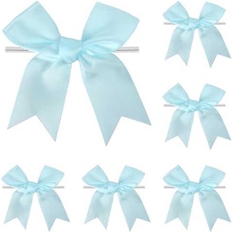 Twist Tie Bows, Satin Ribbon Bows - 3 Inches, 50-Pack for Treat Bags Gift Wrapping Basket Crafts Wedding Baby Shower Brithday Christmas Party Decorations (Blue) Cover