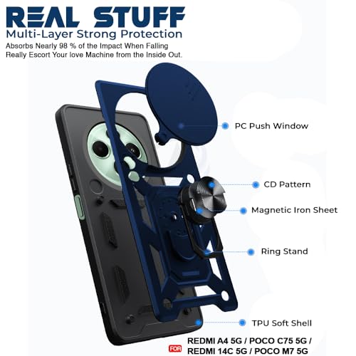 Image of AESTMO Tough Armor Compatible with Mi Redmi A4 5G / Redmi 14C 5G /Poco C75 5G /Poco M7 5G Bumper Back Case Cover |Ring Holder & Sliding Camera Shield Cover |360 Degree Protection Back Case Cover (Blue)