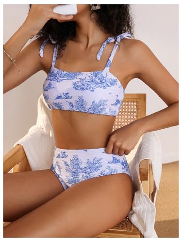 Floerns Women's Tie Shoulder Bikini Swimsuit Floral High Waisted 2 Piece Bathing Suit4