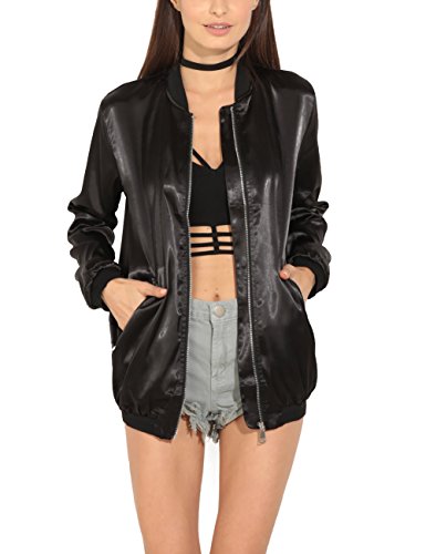 Just Quella Womens Classic Zip Up Satin Midi Bomber Jacket 8619 (S, Black)