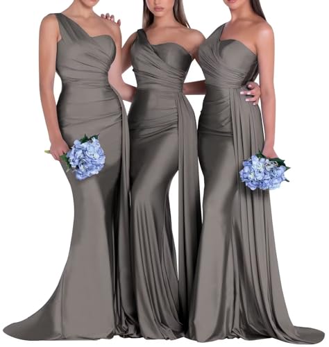Image of One Shoulder Bridesmaid Dresses for Wedding Long Satin Bodycon Prom Dress Mermaid Formal Evening Gowns