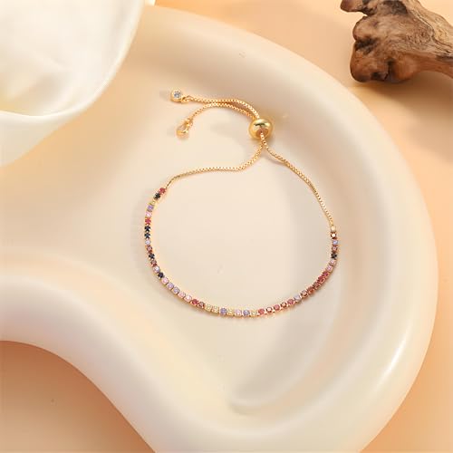 CANYEN® 2mm Rainbow Tennis Bracelets, Dainty Gold Rhinestone Bracelet for Women, Mini Colored Diamond Bracelet, Multicolor Cubic Zirconia Bling Crystal Bracelets, Small Colorful CZ Bolo Bracelets, Tiny Adjustable Non Tarnish Waterproof Mothers Day Jewelry Gifts4