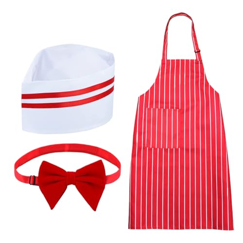 Disfraz de cine - Babero ajustable a rayas blancas rojas de los años 50, vestido de cosplay con sombrero y pajarita roja | Uniforme de camarero retro para fiestas teatrales, espectáculos teatrales
