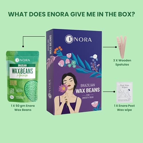 Image of ENORA Brazilian Stripless Wax Beans for Women (50g) | With Wooden Spatula | Natural | For Face, Chin, Hairline, Bikini Area & Full Body Hair Removal (50 Gram, Aloevera)