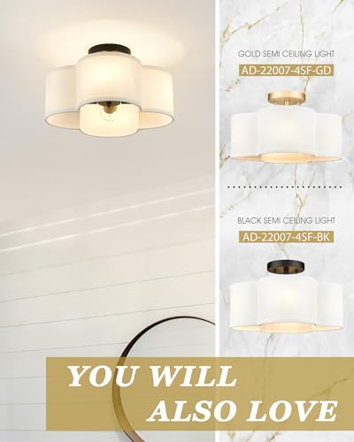 Image of Black Semi Flush Mount Ceiling Light, Close to Ceiling Light Fixtures with Fabric Shade in Quatrefoil Shape, Farmhouse 13-inch Ceiling Light for Kitchen Hallway Bedroom, AD-22007-4SF-BK