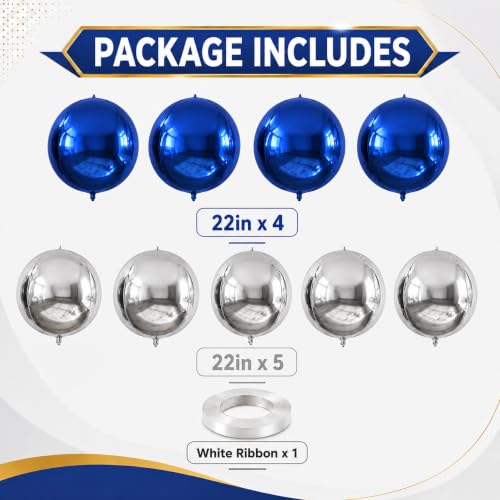 Image of 9 Pcs Blue Silver Round Foil Balloons Dark Navy Blue Metallic Silver Chrome 4D Ball Balloons 22 In Orbz Mylar Balloon for Graduation Grad Birthday Wedding Anniversary Disco Party Decorations