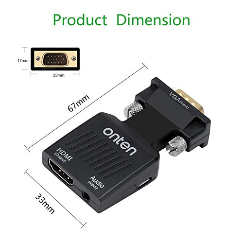 VGA to HDMI, Onten 1080P VGA Male to HDMI Female Audio Video Cable Converter Adapter for Computer, Desktop, Laptop, PC, Monitor, Projector, HDTV, Supply a Free Audio Cable and USB Cable (Black)