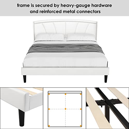 Queen Size Bed Frame Modern Faux Leather Upholstered Platform Bed With Wingback Headboard|Nailhead Design|Scallop Trim, Heavy Duty Wood Slat Support Mattress Foundation(No Box Spring Needed), White #TOP3