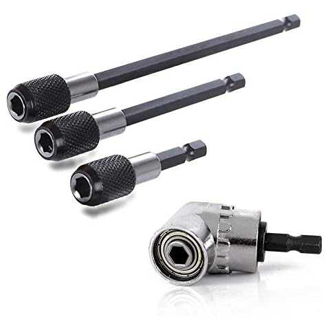 QISF 1/4" Hex Shank 105 Degree Right Angle Driver Angle Extension Power Screwdriver Drill Attachment Socket Adapter Bit + 3pcs Quick Release Magnetic Screwdriver Nut Drill Bit Holder Extension Kit Set Cover