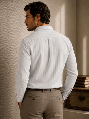 Image of Men's Lilan Vertical Stripe Regular Fit Full Sleeve Shirt with Chest Pocket | Cream Beige Casual Shirt