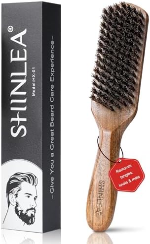 Boar Bristle Hair Brush for Men, Beard Brush with Wooden Handle for Beards Mustaches Grooming, and Soften Facial Hair, Slick Back Hair Brush for Thick & Fine Hair, Great Gift