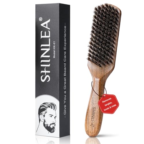 Boar Bristle Hair Brush for Men, Beard Brush with Wooden Handle for Beards Mustaches Grooming, and Soften Facial Hair, Slick Back Hair Brush for Thick & Fine Hair, Great Gift